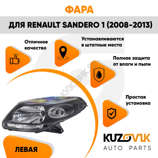 Фара левая Renault Sandero 1 (2008-2013) черная KUZOVIK